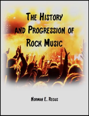The History and Progression of Rock Music book over depicting a crown of people cheering in a rock concert.